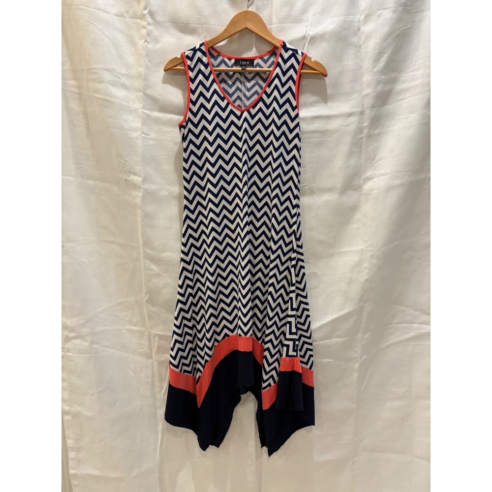 Lux II Navy White Chevron Sharkbite Hem Midi Dress Coral Trim‎ Size 6